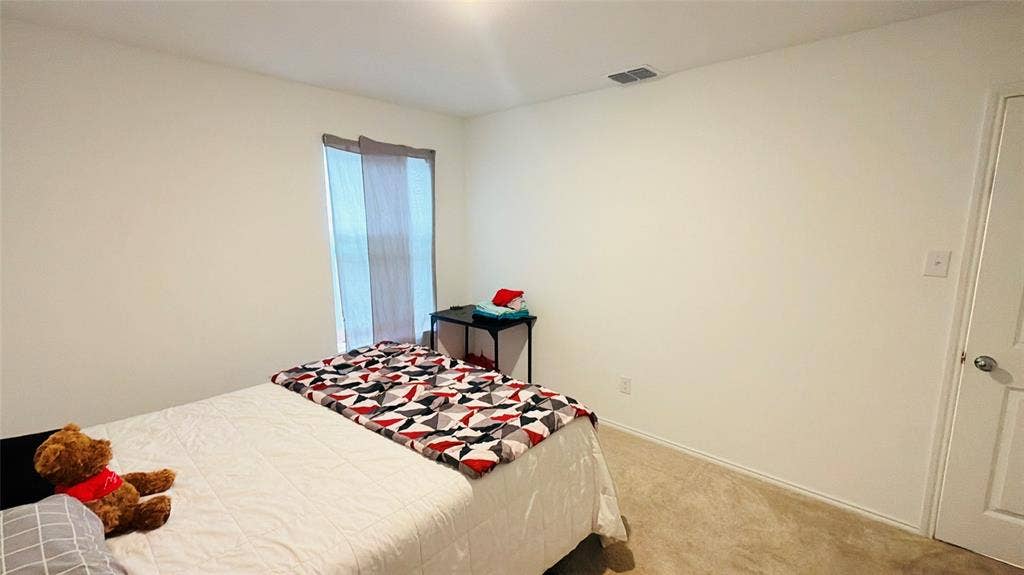 Neutral wall finishes, plush carpeting, a single-panel window, and a standard interior door