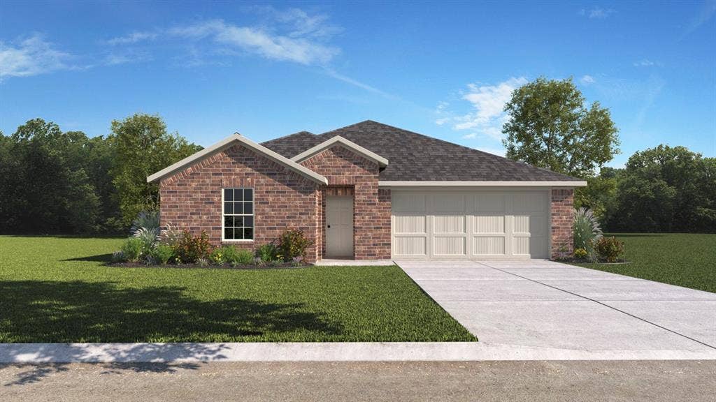 410 Campfield Drive, Caddo Mills, TX 75135 Single-story brick exterior featuring a hip roof, multi-panel garage door, and concrete driveway