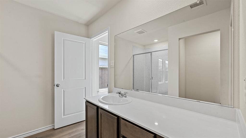 5743 Sunshine Lane, Crandall, TX 75114 Vanity with a single basin sink, expansive mirror, wood-finish flooring, and a two-panel interior door