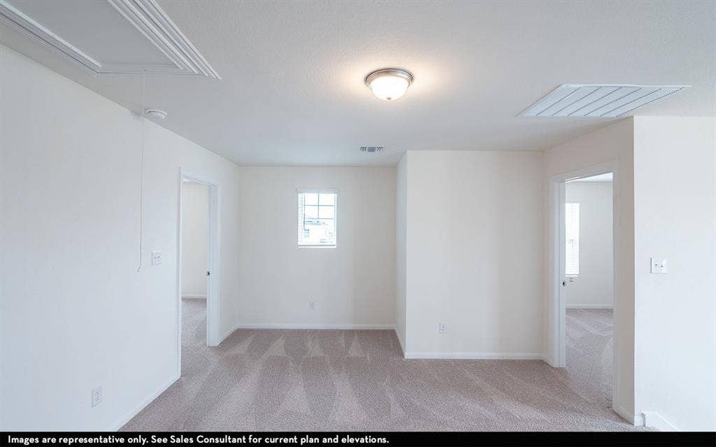 Neutral-toned wall-to-wall carpeting, flush-mount lighting fixture, and a single-pane grid window