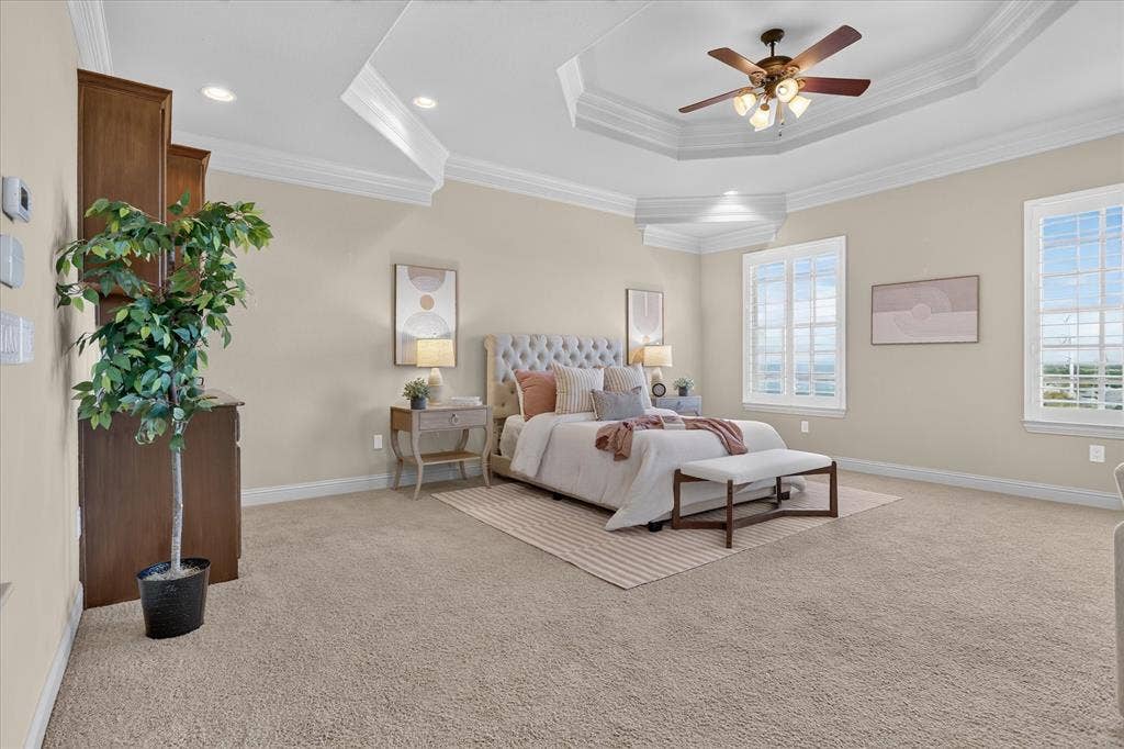 563 Rockingham Drive, Irving, TX 75063 Tray ceiling with recessed lighting, integrated wooden cabinetry, wall-to-wall carpeting, and plantation shutters