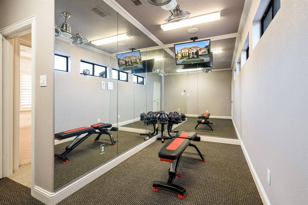 6590 Gerrard Street, Frisco, TX 75034 Full-length mirrored wall, high-set horizontal windows, wall-mounted television, neutral carpeting, and ceiling-mounted light fixtures