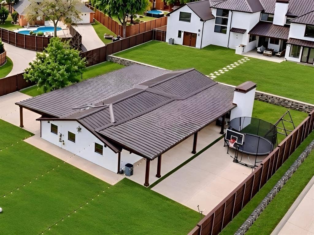 601 S Jupiter Road, Allen, TX 75002 Pool House Aerial View with Sports Court Area