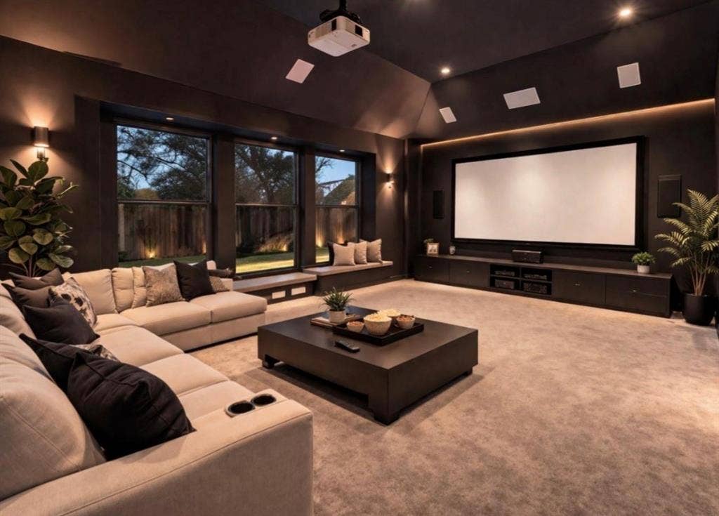 102 Champion Drive, Wylie, TX 75098 Media room featuring a recessed projection screen, custom built-in cabinetry, integrated ceiling speakers, and built-in window seating