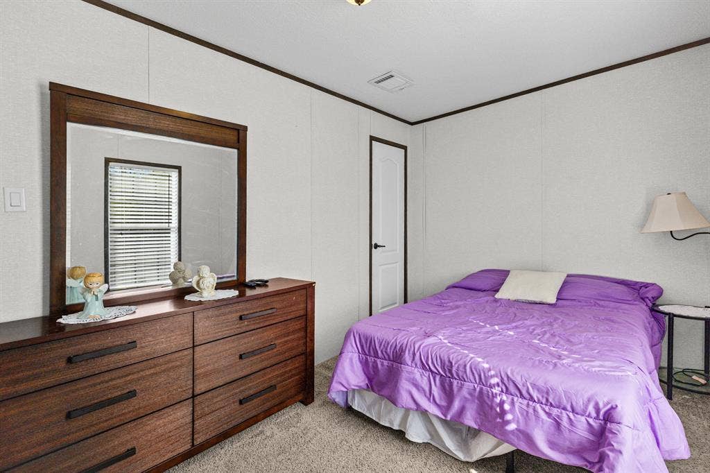 Neutral-toned walls with dark trim, wall-to-wall carpeting, and a single interior door with a matte black lever handle