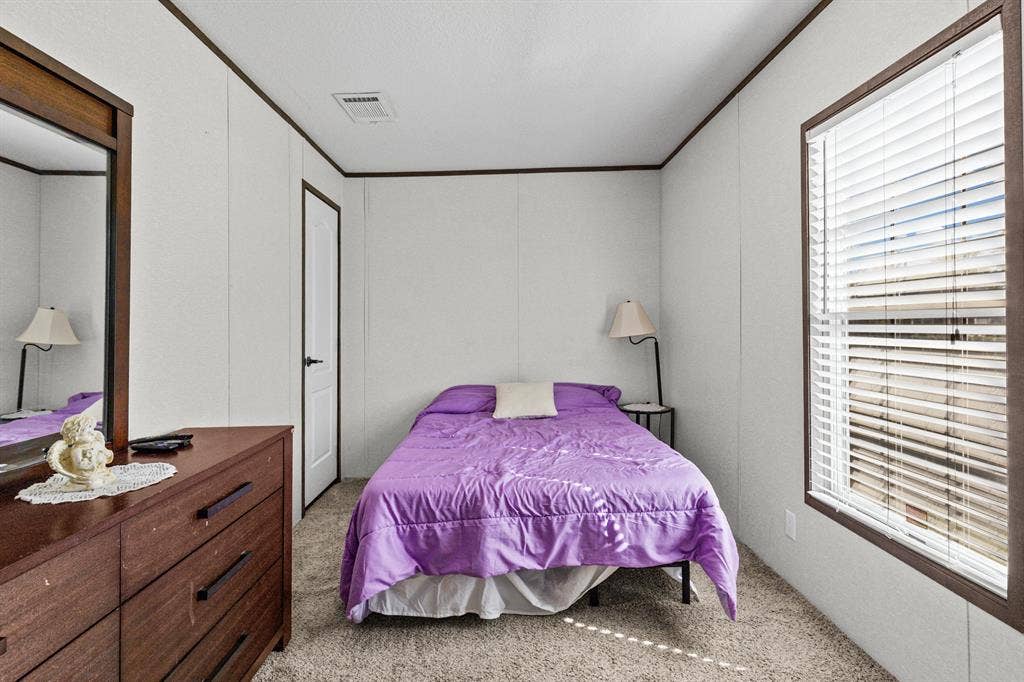 Neutral interior room featuring wall-to-wall carpeting, high-contrast dark wood-finish door and window trim, and a window fitted with horizontal blinds