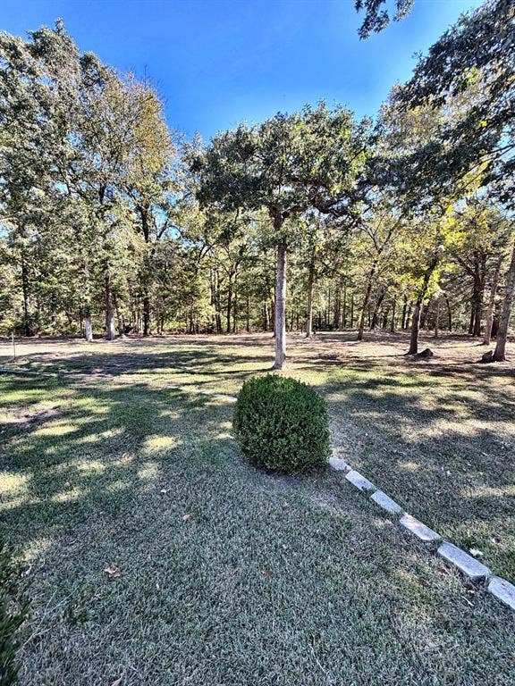 9031 Mallard Way, Larue, TX 75770 Expansive grounds featuring a manicured lawn, established shade trees, a structured shrub, and stone landscape edging