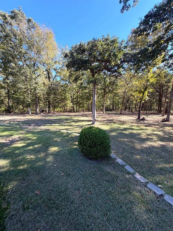 9031 Mallard Way, Larue, TX 75770 Expansive yard featuring mature trees, manicured lawn, established shrubbery, and stone landscape edging