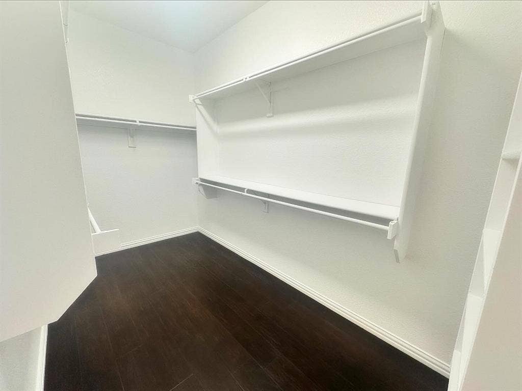 Spacious closet featuring dark wood-type flooring