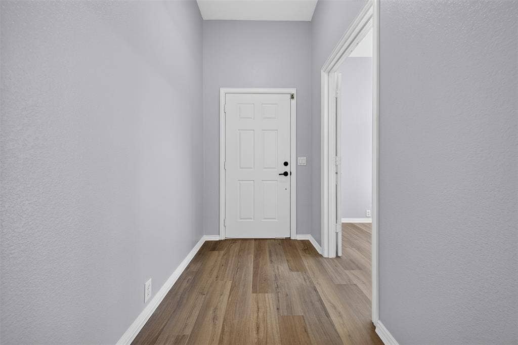 701 Abbey Lane, Midlothian, TX 76065 Entryway featuring a six-panel door with matte black hardware, neutral interior paint, and wood-finish flooring