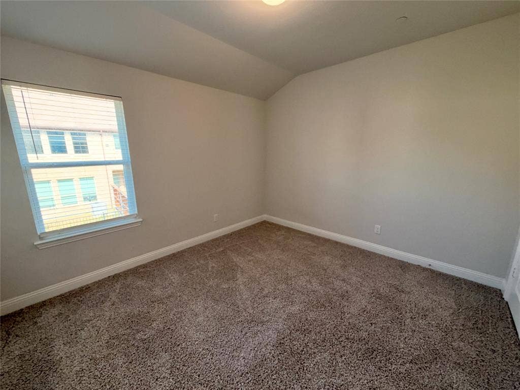 1063 Mj Brown Street, Allen, TX 75002 Vaulted ceiling, neutral wall tones, textured carpeting, and single-pane window with horizontal blinds