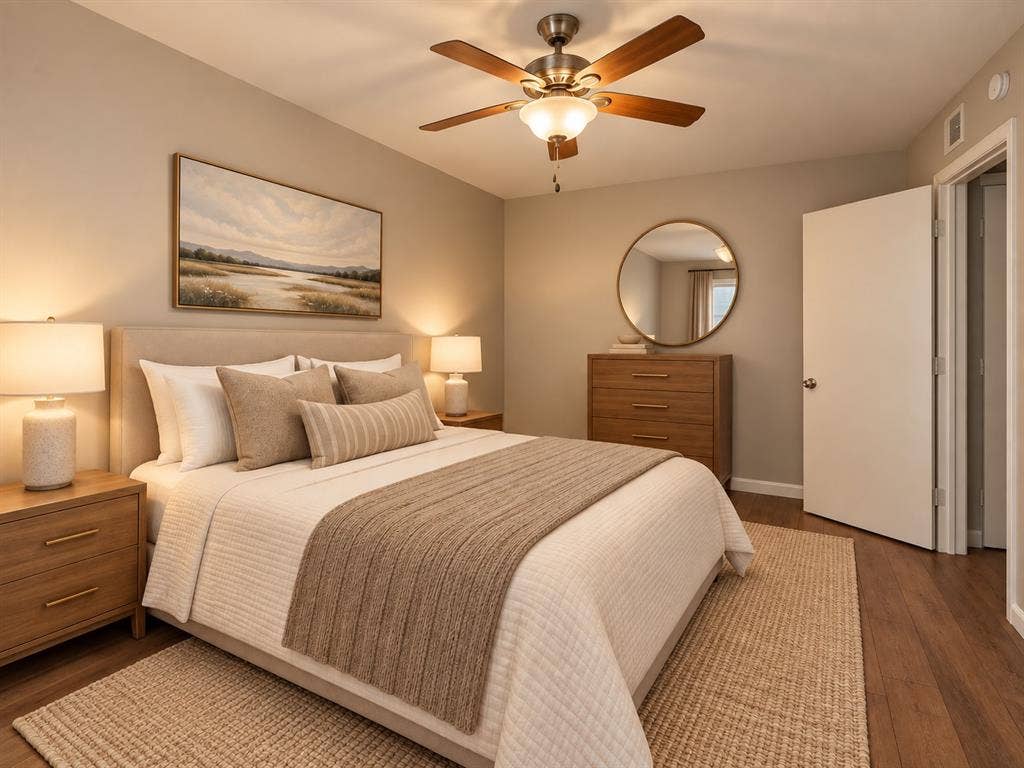 7525 Holly Hill Drive, #3, Dallas, TX 75231 Wood-finish flooring, neutral wall tones, and ceiling fan with integrated lighting