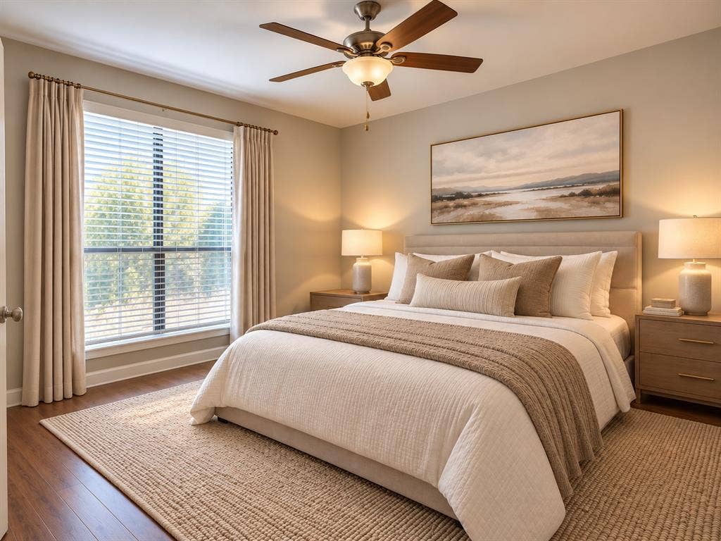 7525 Holly Hill Drive, #3, Dallas, TX 75231 Neutral-toned bedroom featuring wood-finish flooring, a ceiling fan with integrated lighting, and a large window with floor-to-ceiling drapery