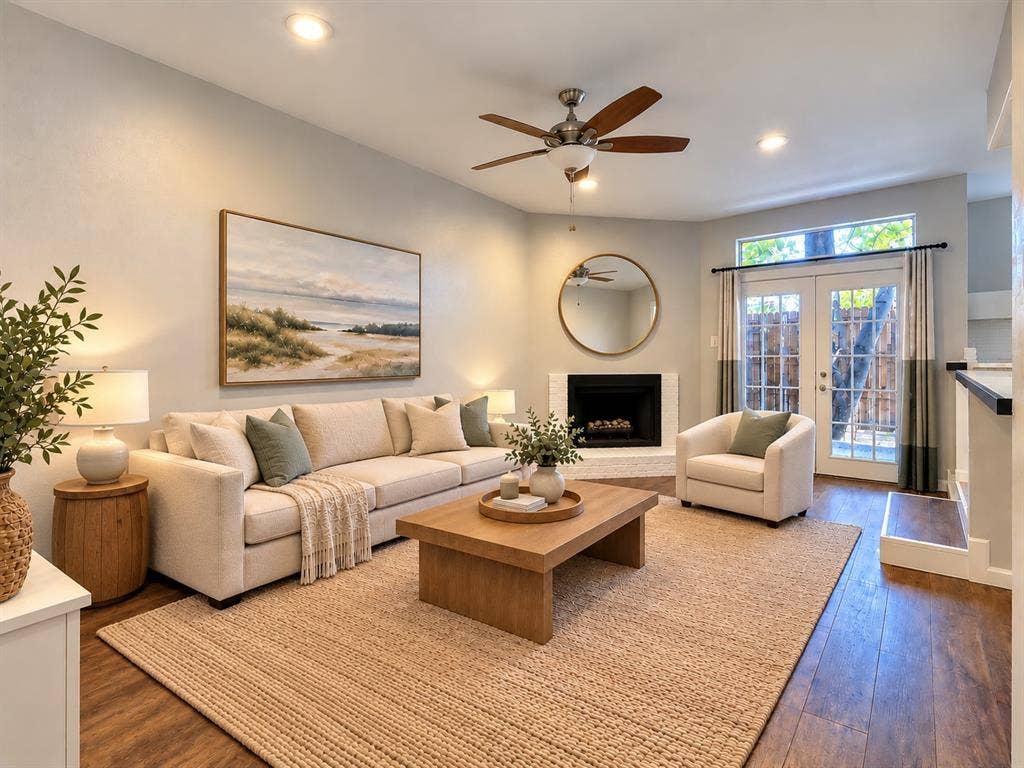 7525 Holly Hill Drive, #3, Dallas, TX 75231 Wood-finish flooring, corner fireplace with a white masonry surround, ceiling fan with integrated lighting, recessed lighting, and glass-paneled double doors