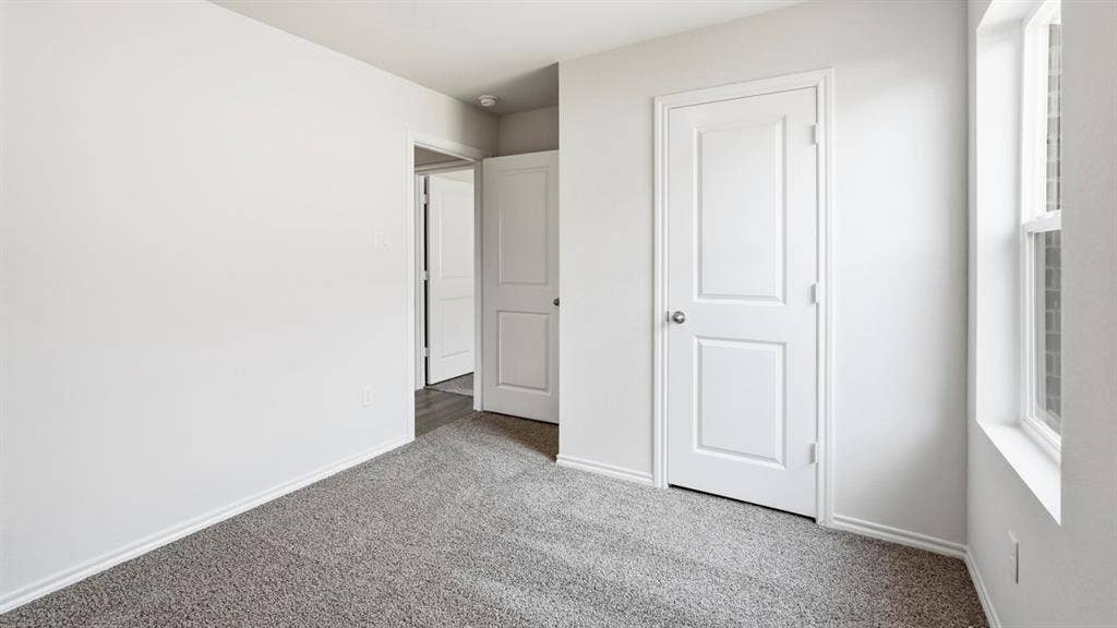 Plush carpeting, single-pane window, white trim, and white panel doors