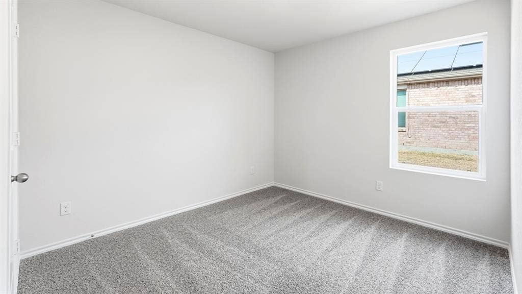 Neutral wall paint, gray carpet flooring, white trim, and a white-framed window