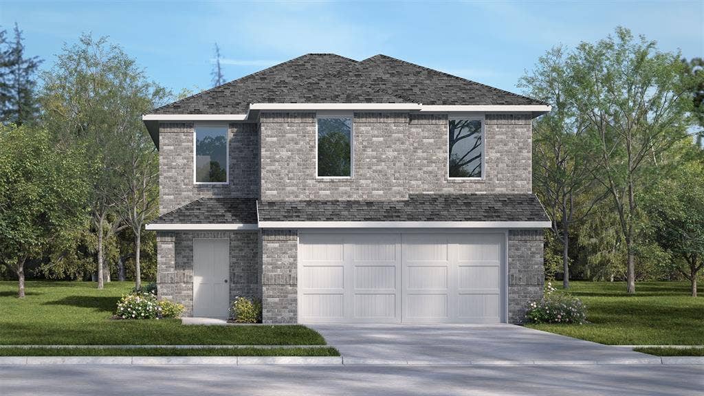 Two-story brick exterior featuring a hipped roof, attached two-car garage, and concrete driveway