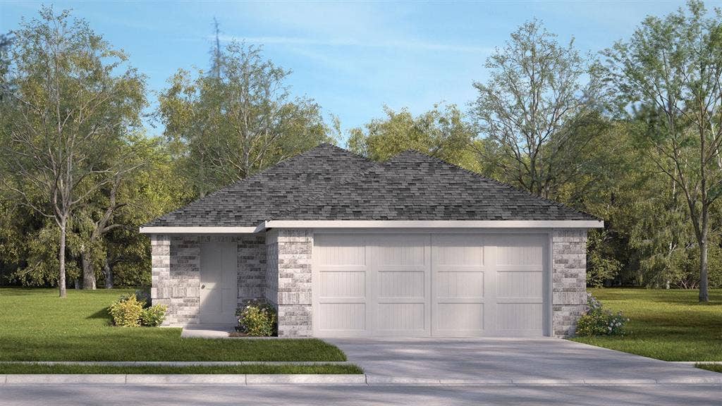 2825 Selfridge Lane, Forney, TX 75126 Exterior featuring light-toned masonry, a hipped roof with asphalt shingles, a two-car garage with paneled doors, and a concrete driveway