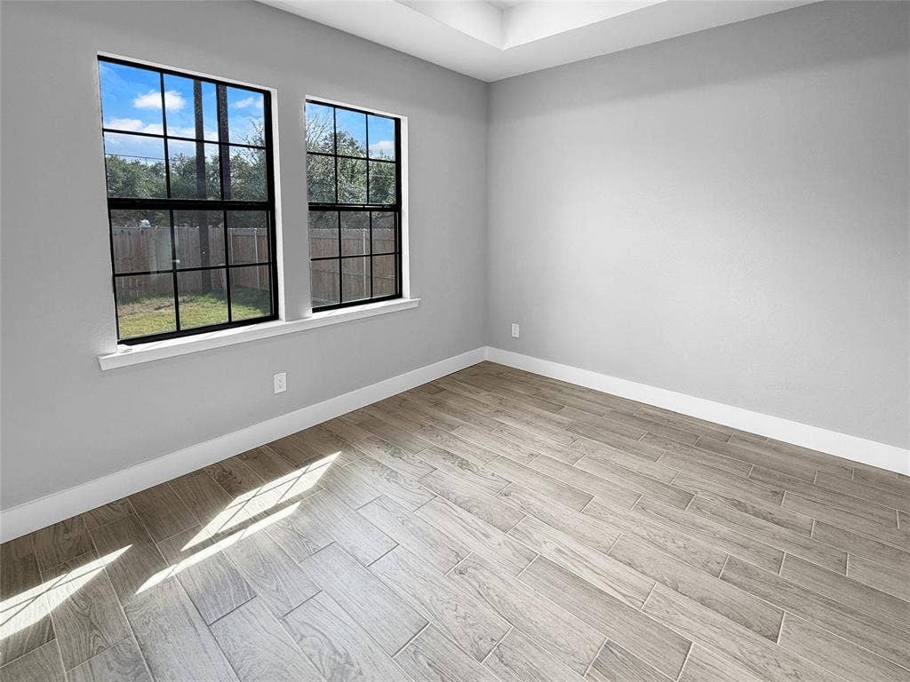 3025 Red Oak Drive, Granbury, TX 76048 Neutral interior room featuring wood-finish tile flooring, tray ceiling, and dual windows with black frames