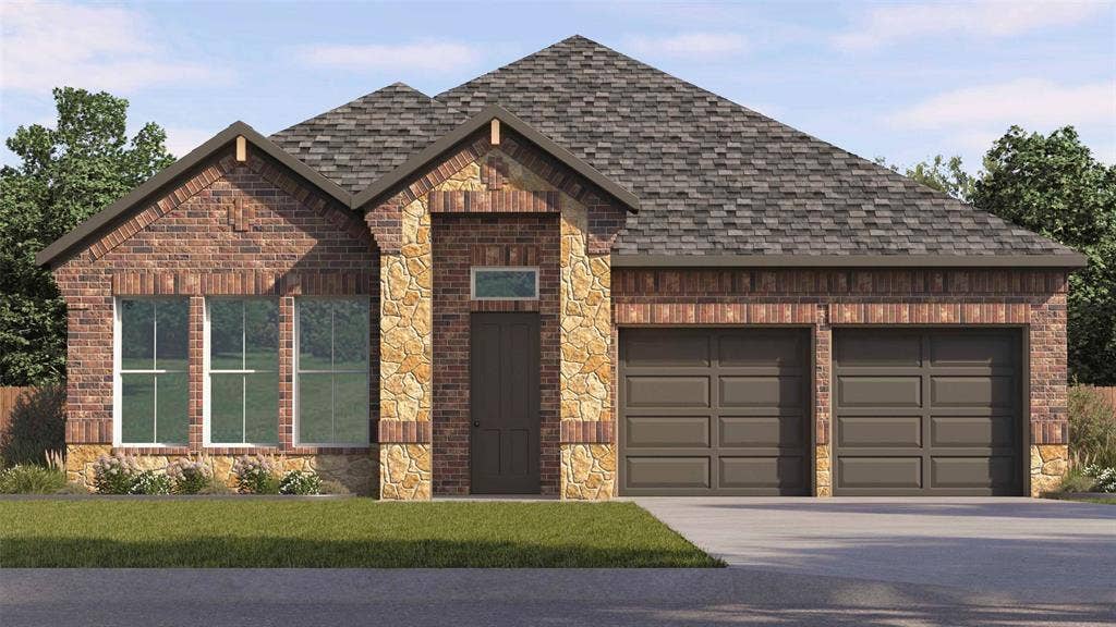 Multi-gabled brick and stone exterior featuring a composite shingle roof, transom window above the entry, and a two-car garage