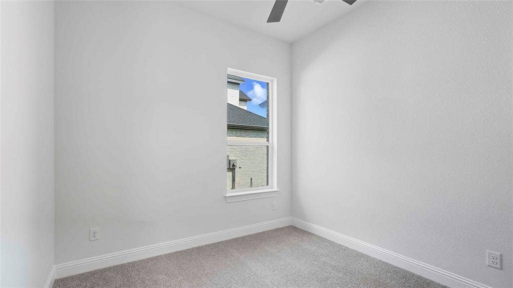 Neutral interior space featuring crisp white walls, carpeted flooring, a single-hung window, and a ceiling fan