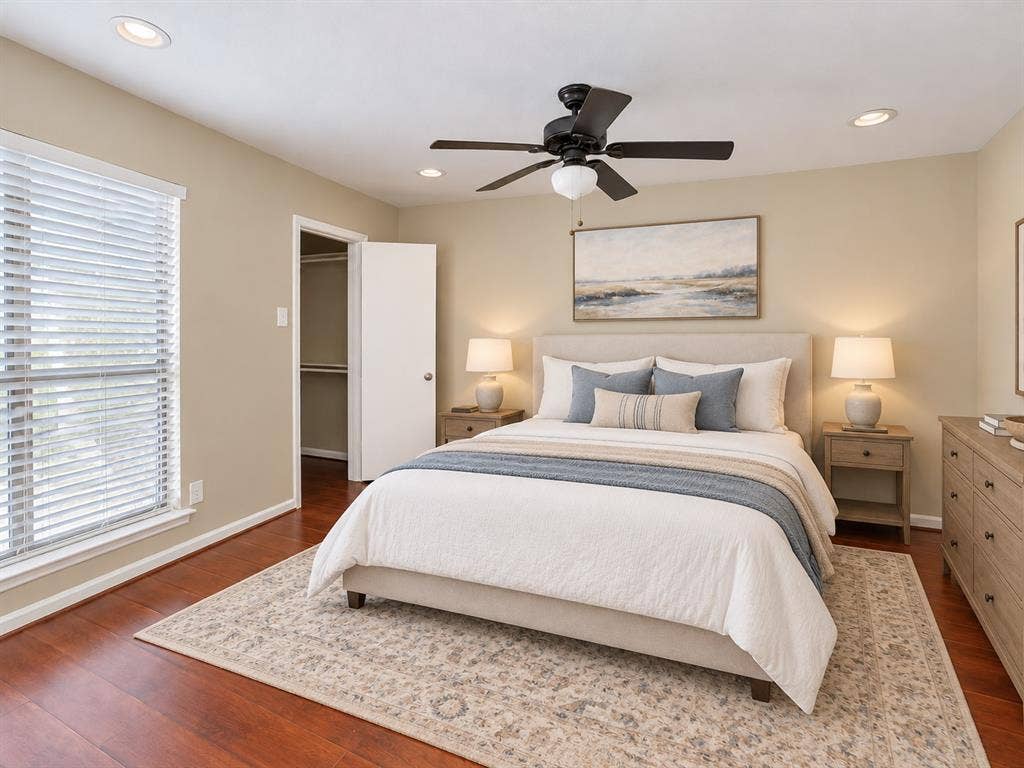 7525 Holly Hill Drive, #20, Dallas, TX 75231 Room featuring wood-finish flooring, recessed lighting, and a multi-blade ceiling fan with integrated lighting