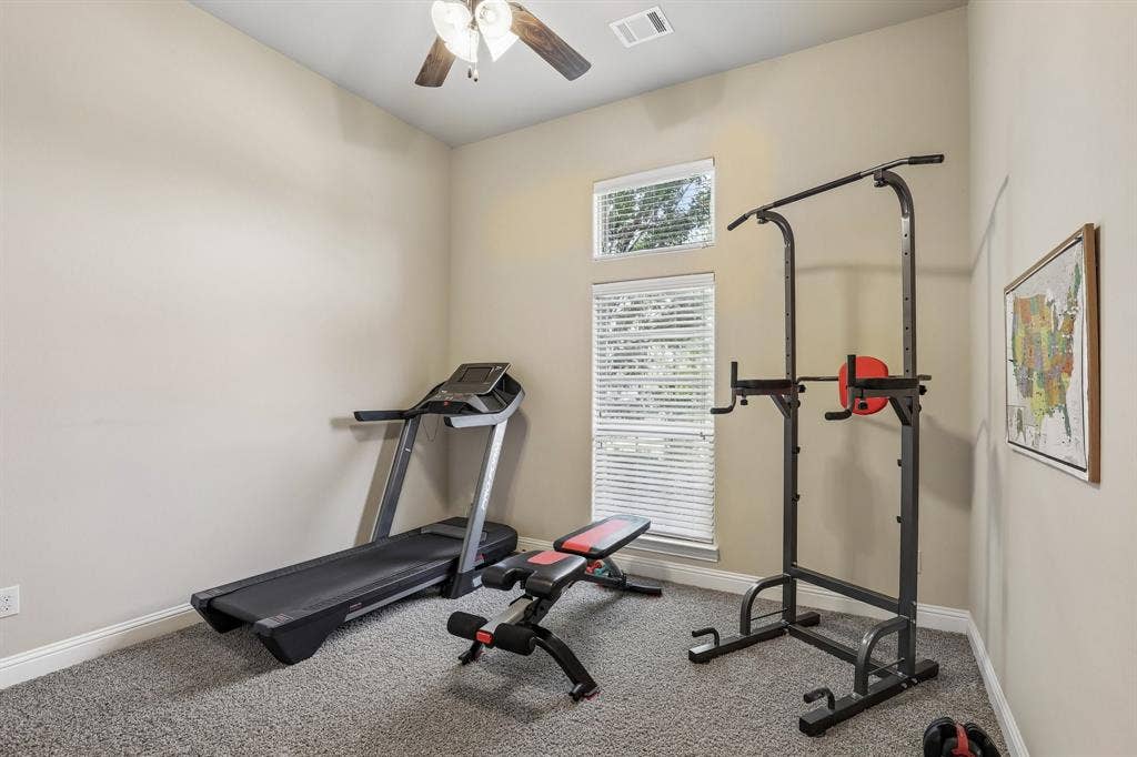 676 Princeton Way, Rockwall, TX 75087 Downstairs bedroom with high-ceilings, plush carpeting, a multi-pane window with blinds, and a ceiling fan with light fixture