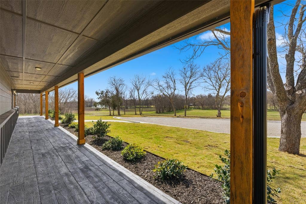 2303 Pilgrim Lane, Lorena, TX 76655 Covered porch featuring wood-finish floor planks, timber support posts, recessed lighting, and metal downspouts