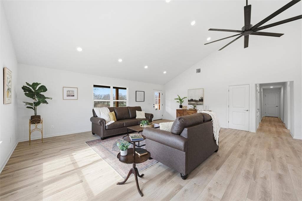 2303 Pilgrim Lane, Lorena, TX 76655 Vaulted ceilings, wood-finish flooring, recessed lighting, and a multi-blade ceiling fan