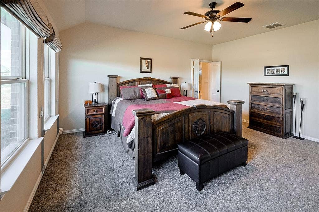 2828 Luke Drive, Farmersville, TX 75442 Vaulted ceiling featuring a ceiling fan with integrated lighting, neutral wall-to-wall carpeting, and large windows with decorative valances