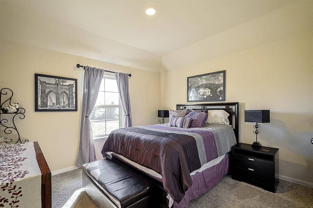 2828 Luke Drive, Farmersville, TX 75442 Neutral-toned bedroom featuring tray ceilings, neutral carpeting, and a grid-pane window