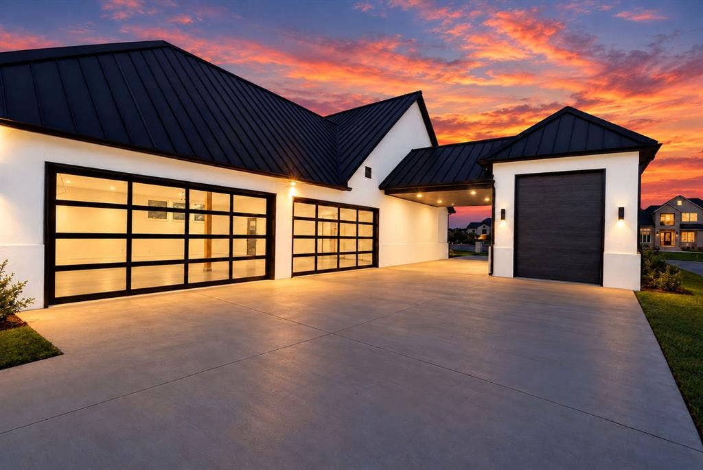 Modern exterior featuring a metal roof, white stucco siding, two translucent sectional garage doors, and an attached covered carport