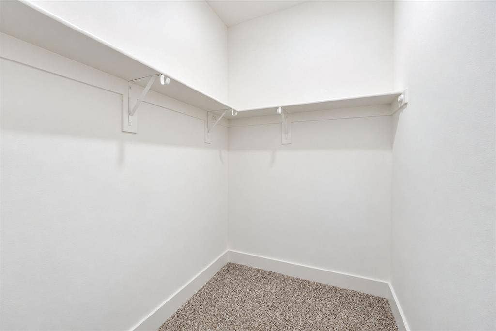 Storage area featuring white walls, neutral-tone carpeting, and built-in upper shelving with white support brackets