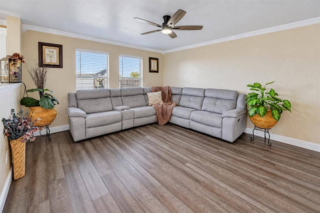 413 Bonnie Court, Anna, TX 75409 Interior space featuring wood-finish flooring, dual windows with blinds, crown molding, and a ceiling fan with integrated lighting
