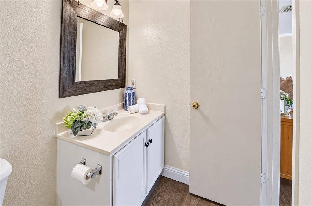 413 Bonnie Court, Anna, TX 75409 White vanity with a solid-surface countertop and integrated sink, framed rectangular wall mirror, three-light overhead fixture, and wood-finish flooring