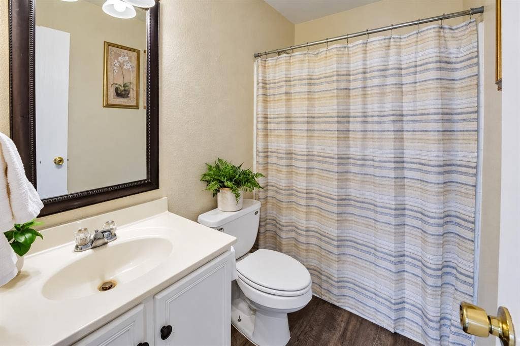 413 Bonnie Court, Anna, TX 75409 Bathroom featuring a vanity with integrated sink, wood-finish flooring, and a framed mirror