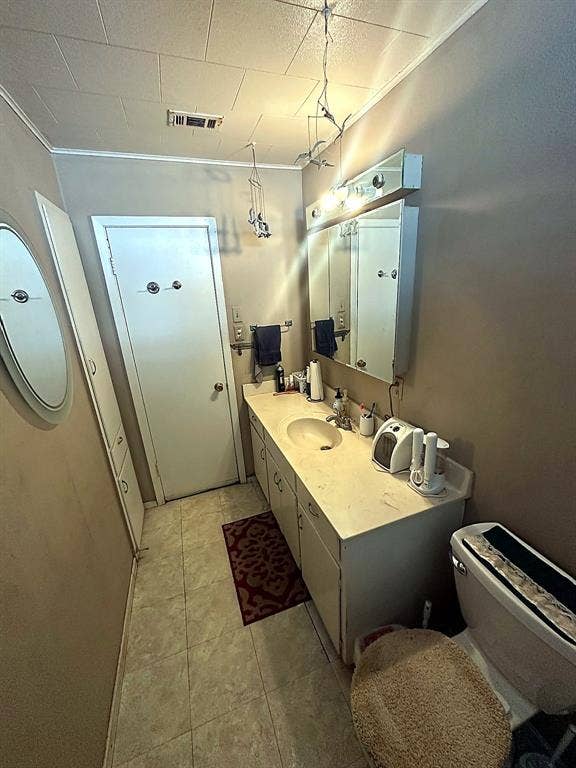 305 McKay Road, Burnet, TX 78611 Extended vanity with integrated countertop and sink, wall-mounted mirrored medicine cabinet, built-in cabinetry, and tile flooring