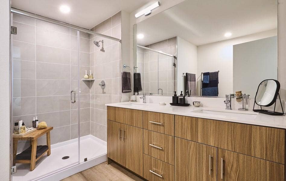 1525 FM 982, #4314, Princeton, TX 75407 Full bathroom with a shower stall, double vanity, and recessed lighting