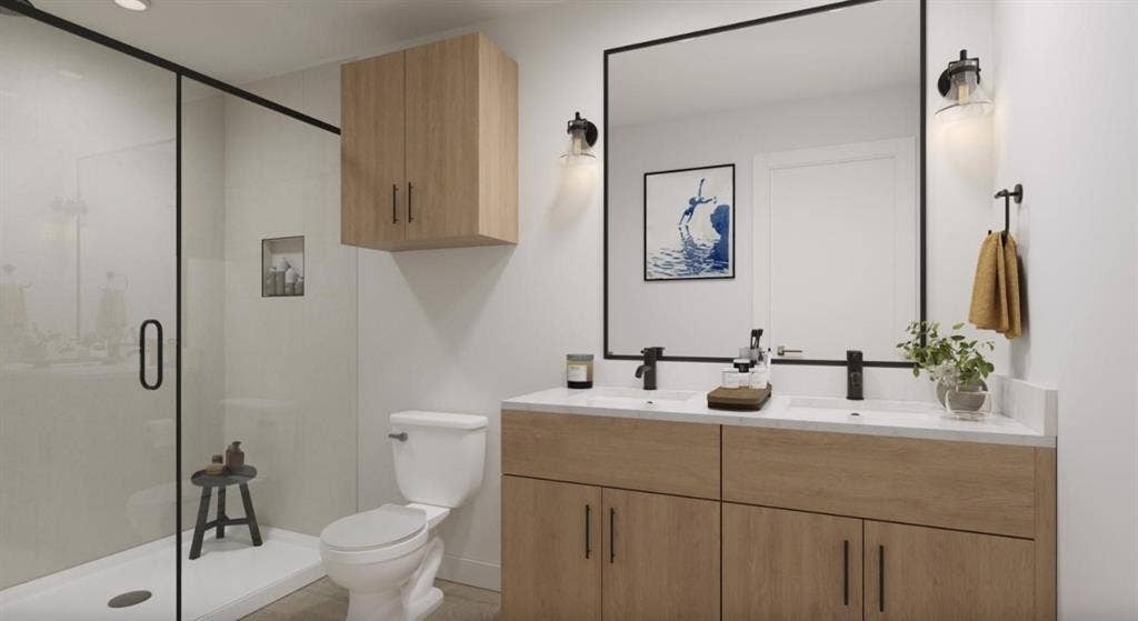 9032 Prairie Path, #9209, Rowlett, TX 75089 Full bath featuring a shower stall and double vanity