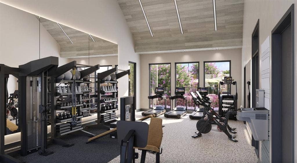 9032 Prairie Path, #BM3412, Rowlett, TX 75089 Gym featuring high vaulted ceiling, light colored carpet, and rail lighting