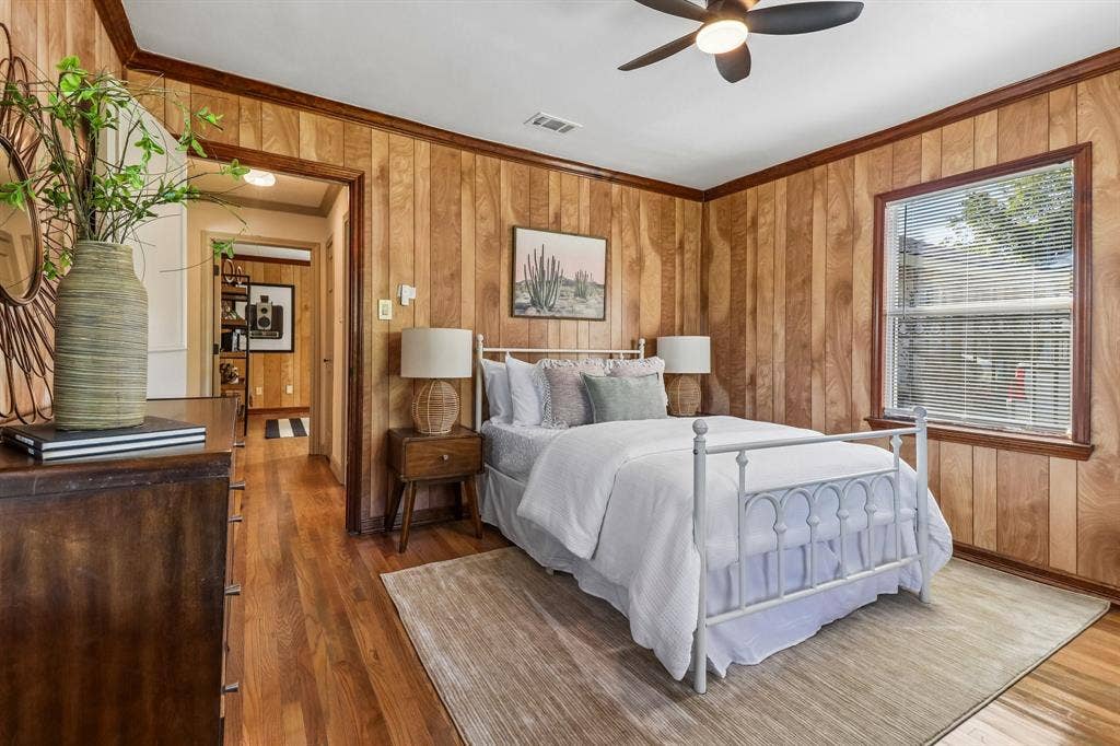 Wood-paneled walls with coordinating wood-finish flooring
