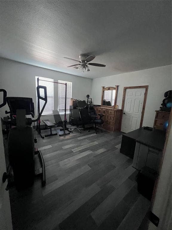 201 Darien Drive, Mesquite, TX 75149 Room featuring wood-finish flooring, dual windows with horizontal blinds, and a central ceiling fan