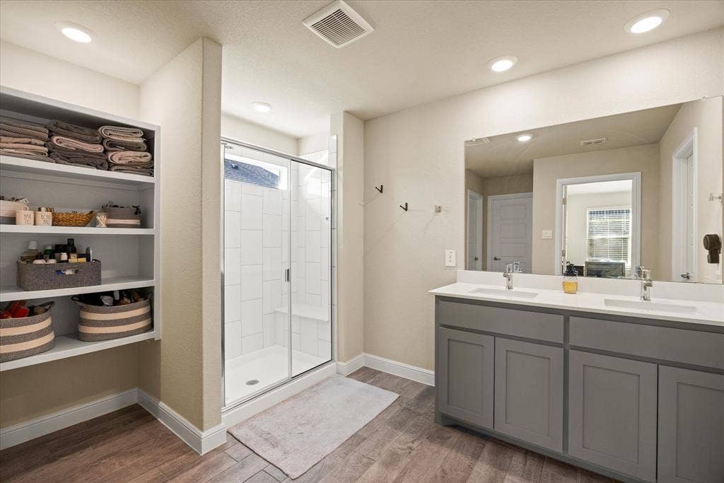 4119 Cornerstone Circle, Granbury, TX 76048 Walk-in shower and double vanity with ample shevling