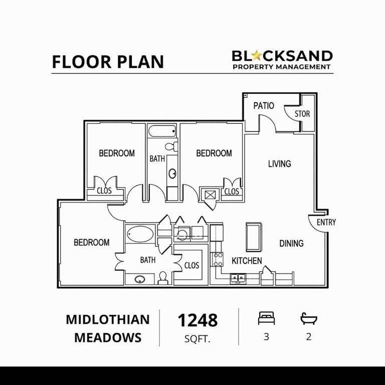 2991 Lakeside Drive, #928, Midlothian, TX 76065 Illustrative Midlothian Meadows 3-bedroom, 2-bath, 1248-square-foot floor plan. Verify unit dimensions and orientation.