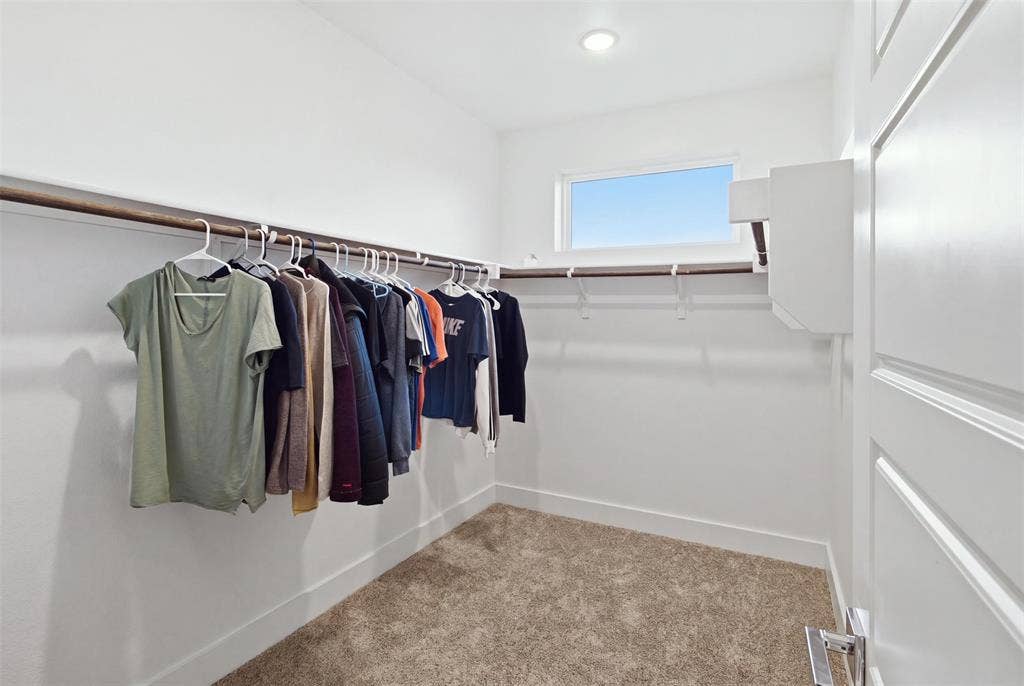 1408 Rockcliff Street, Plano, TX 75093 Walk-in closet featuring wall-to-wall carpeting, recessed ceiling lighting, horizontal window, and dual-tier hanging rods