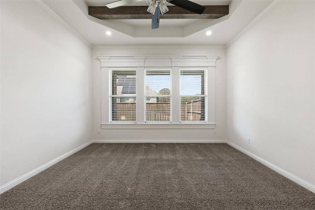 Tray ceiling featuring a stained wooden beam, plush carpeting, triple-window configuration with decorative casing, and a ceiling fan with integrated lighting