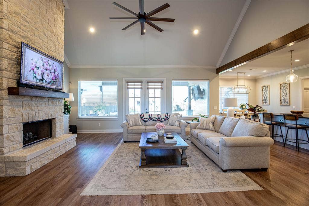 Stone Fireplace is woodburning with gas starter.