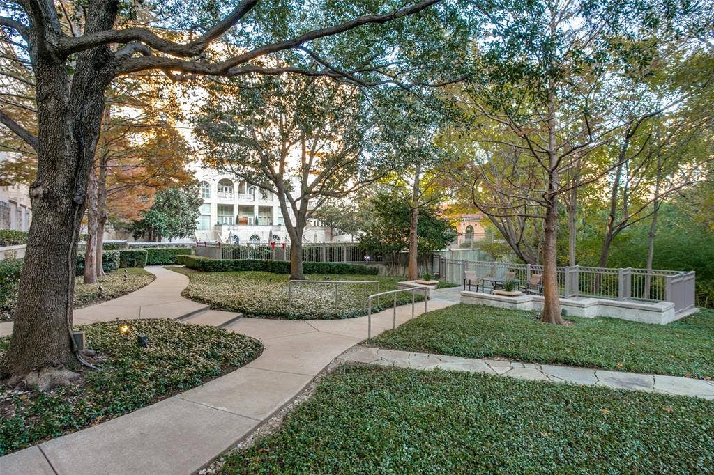 2828 Hood Street, #508, Dallas, TX 75219 Beautifully maintained trees and gardens, creating a serene oasis in the heart of Dallas.