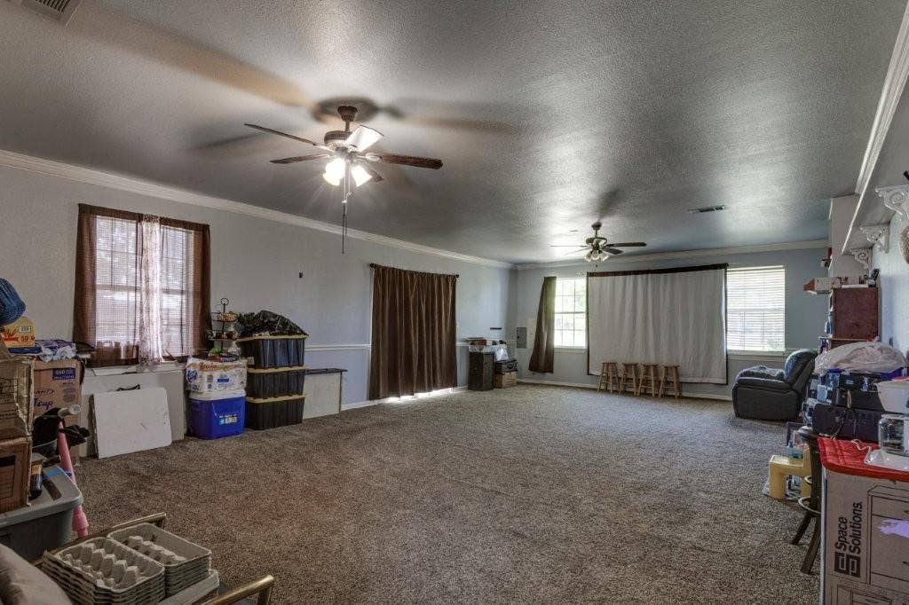 Expansive room featuring carpeted flooring, dual ceiling fans, crown molding, chair rail trim, and multi-pane windows