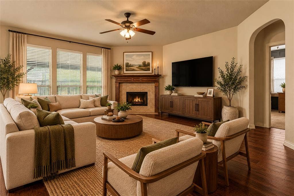 104 Aztec Court, Waxahachie, TX 75165 Living area has a wood burning fireplace and windows to the covered patio. Virtually staged.